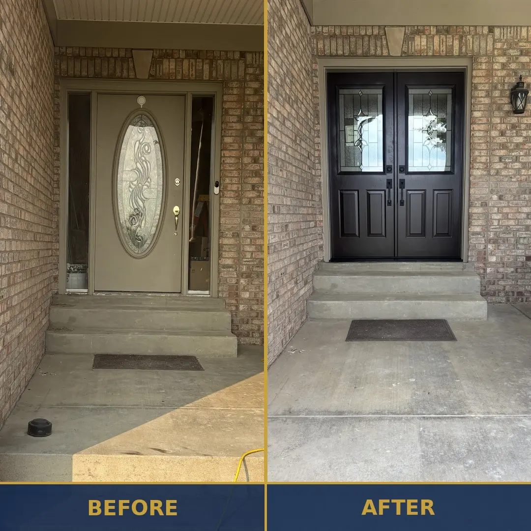Before and after entry door replacement in Fisherville, KY 40023 — single taupe door to double espresso-brown French doors