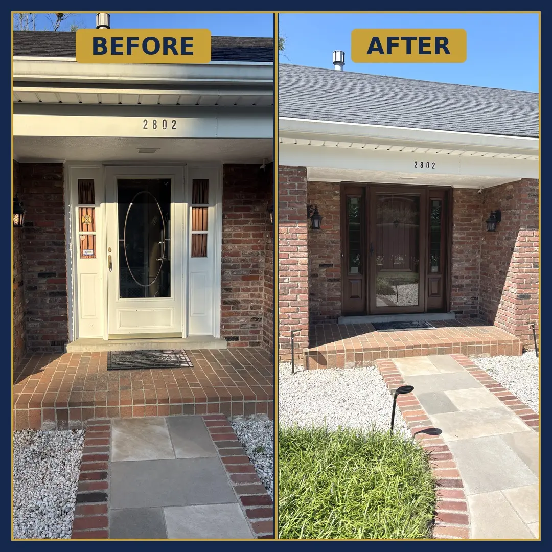 Before and after entry door replacement in Louisville, KY 40222 &mdash; white door to Tudor Brown fiberglass entry door